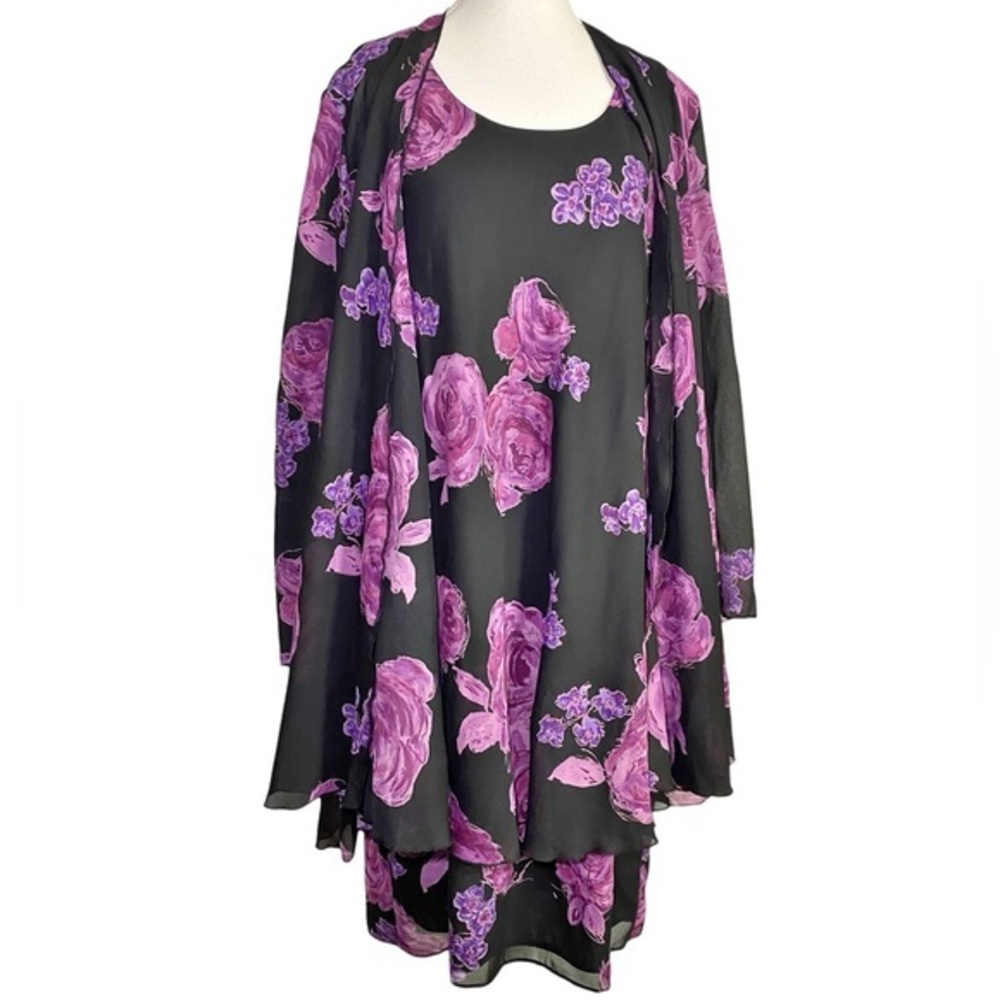 S.L. Fashions Vintage 2-Piece Dress & Jacket Set - Black & Vibrant Purple Floral